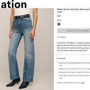 Reformation Wilder Stretch High Rise Wide Leg Cropped Jeans Size 26